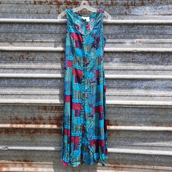 VINTAGE Boho Sleeveless Patch Work Design Front Button Up Maxi Shift Dress - Picture 14 of 14